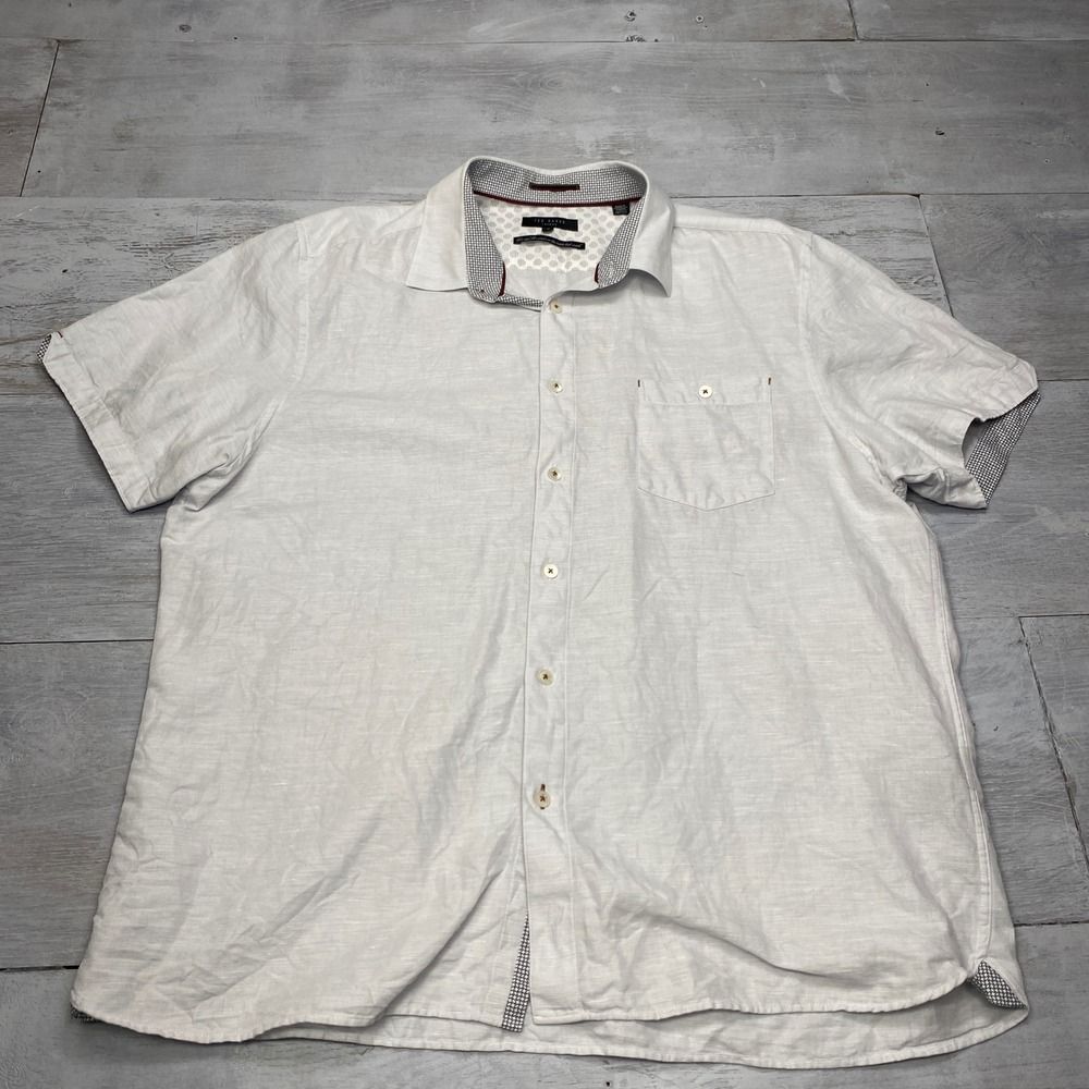 Ted Baker Shirt Mens 6 XXL Grey Linen Blend Short Sleeve Button Down Pocket Top